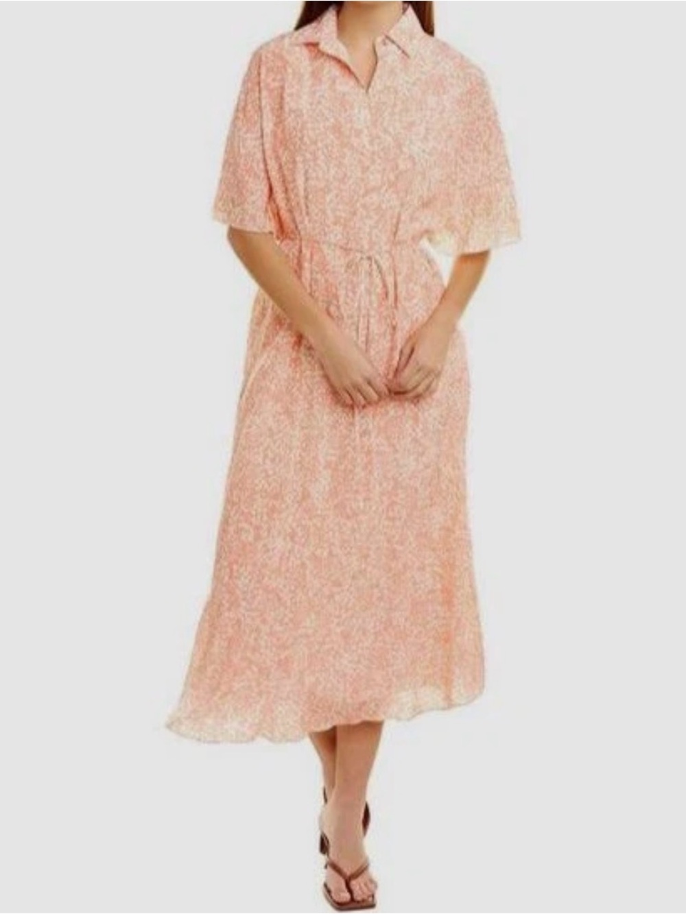 NWOT Halston 100% Silk Orange Coral Cream Abstract Print Tie Waist Midi Dress 14